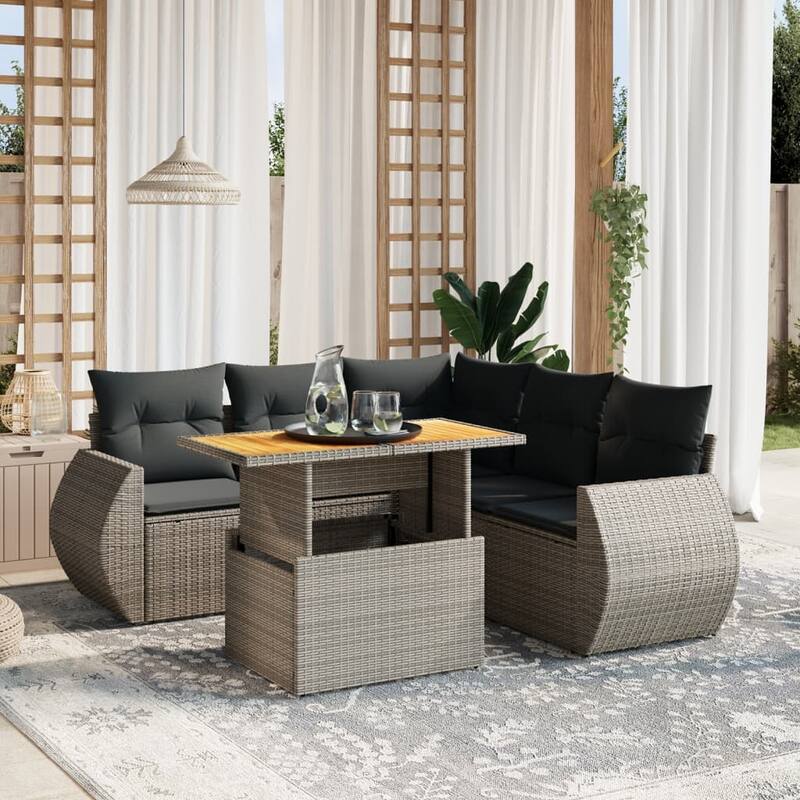 vidaXL Patio Sofa Set with Cushions Table and Modular Sofas 6 Piece Poly Rattan - 21.7 x 39.4 x 28.7 - Grey  - form2
