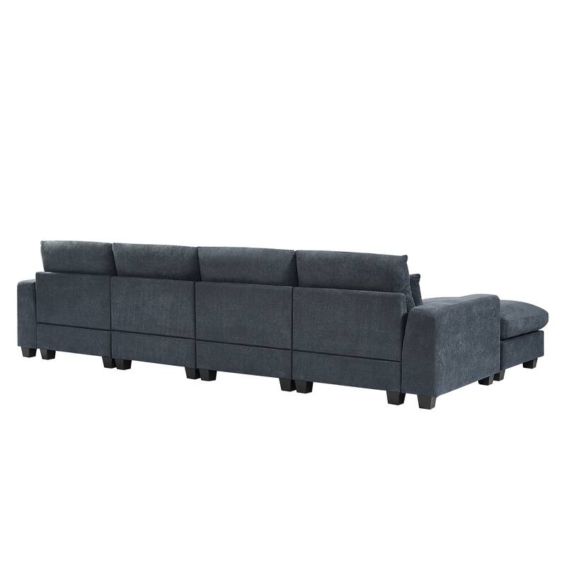 Chenille L-Shape Modular Sectional Sofa, Convertible Sleeper Upholstered Sofabed with 4 Pillow and Movable Ottoman