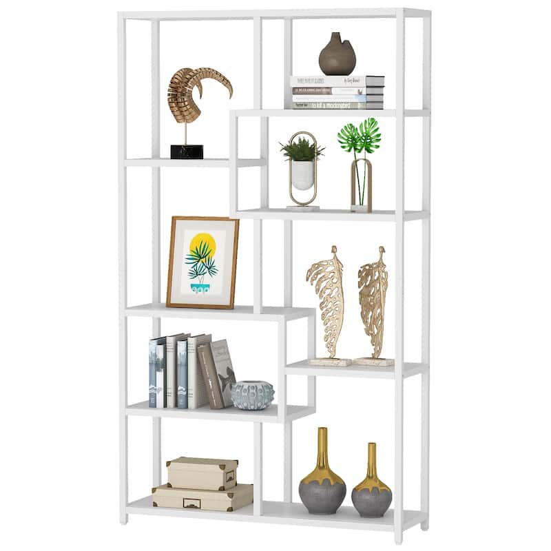 Etagere Bookcase 8 Tier Bookshelf with Gold Metal Frame and White Faux Marble Board for Home office, Living Room