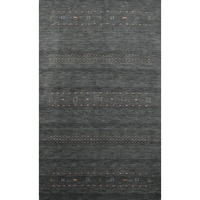 Hand Knotted Oriental 100% Wool Carpet Tribal Animal Pictorial Greys & Charcoal Gabbeh Area Rug - 8' 2'' X 5' 2''