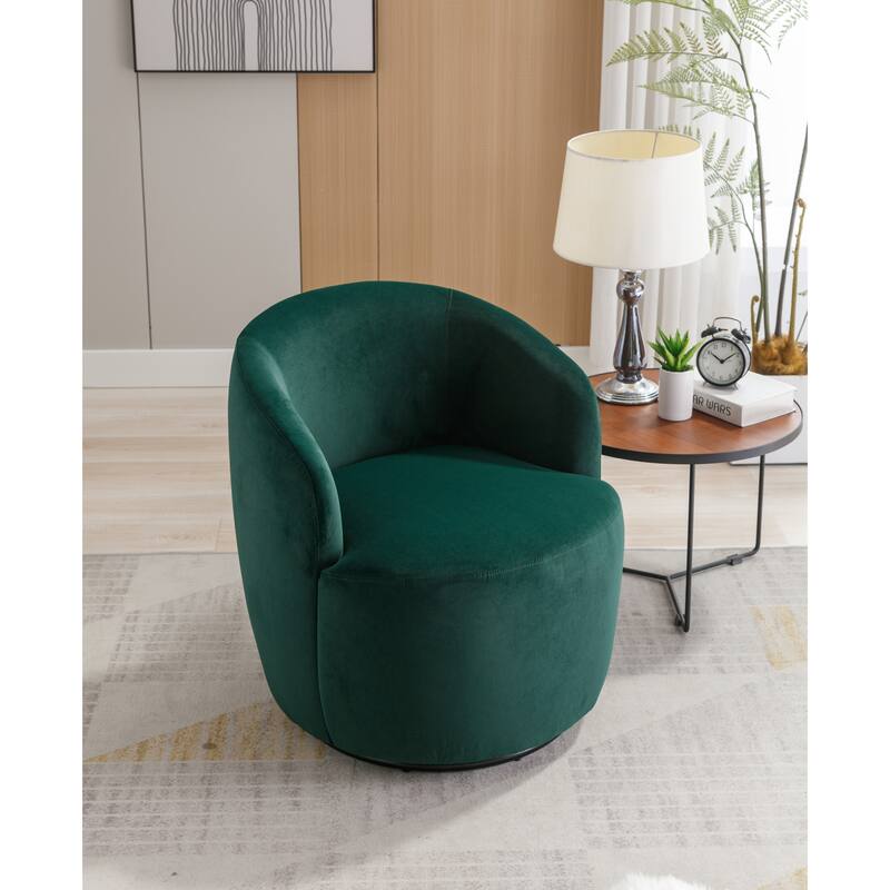Modern Barrel Swivel Accent Chair with Metal Base, Round Velvet Upholstered Reading Chair w/ Curved Back for Living Room Bedroom