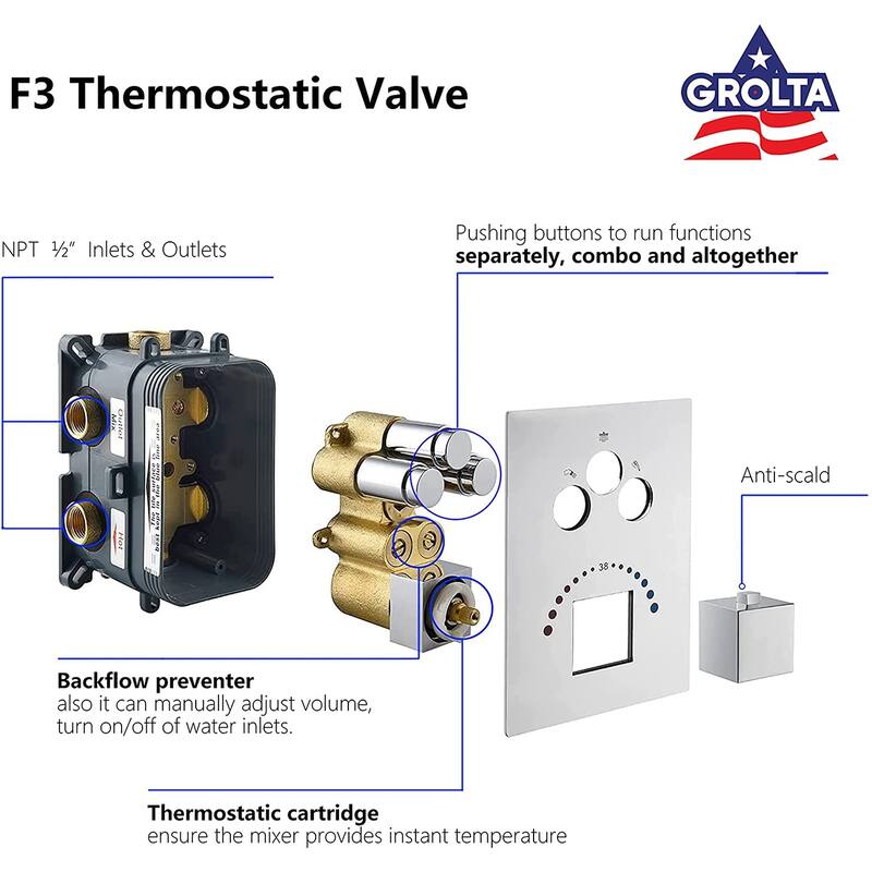Dual Heads 12" Rainfall & High Pressure 6" Shower System w/ 3 Way Thermostatic Faucet - Chrome
