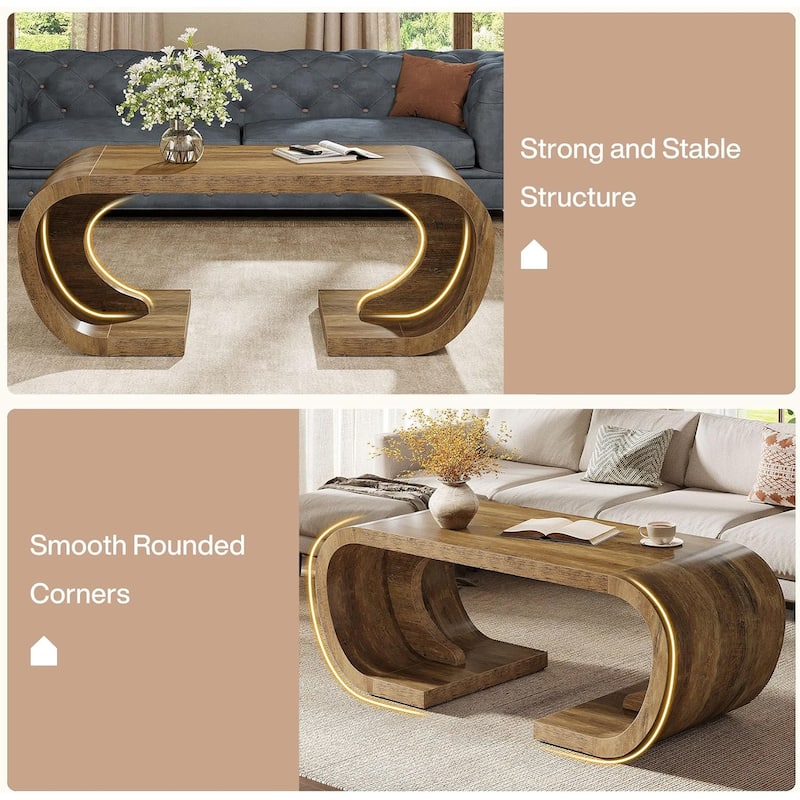 47" Farmhouse Coffee Table, Heavy Duty C-Shaped Center Table with Curved Base for Living Room, Rustic Brown