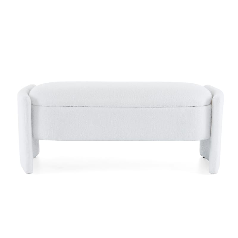 Boucle Storage Ottoman Bench, Oval Upholstered Storage Bench, Entryway Bench with Hidden Storage Space & Safety Hinge - White