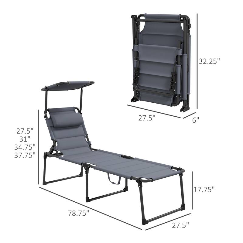 Outdoor Adjustable Backrest Folding Chaise Lounge, Cushioned Tanning Chair with Sunshade Roof & Pillow Headrest