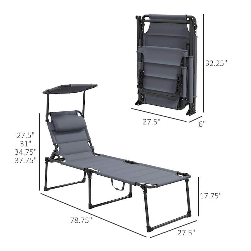 Outdoor Lounge Chair with 4-Level Adjustable, Folding Chaise Lounge Tanning Chair with Sunshade Roof & Pillow Headrest