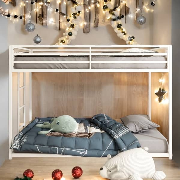slide 2 of 13, Classic Square Metal Bunk Bed Frame,Twin over Twin Metal Bunk White for Kids and Adult White