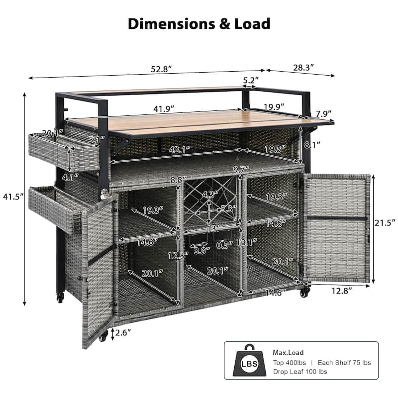 52.8"W Wicker Outdoor Grill cart with Extended Plastic Wood Table Top, Rolling Kitchen Island on Wheels with Storage Cabinet
