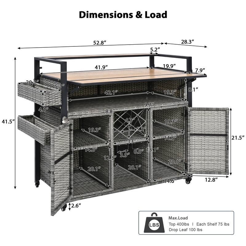 Grill Cart Rolling Kitchen Island Cart Wicker Storage Cabinet Prep Table
