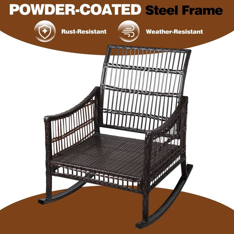 VEIKOUS 3-Piece Outdoor Wicker Patio Porch Rocking Chair and Rattan Coffee Table Set with Cushions and Pillows