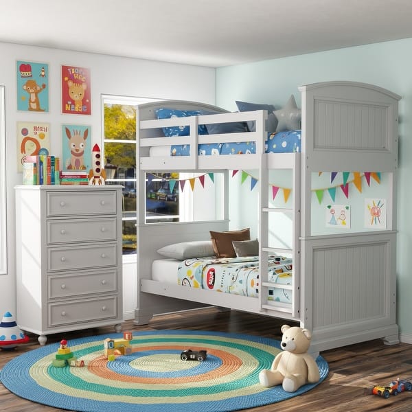 slide 2 of 16, Furniture of America Giorgos 2-Piece White Solid Wood Twin over Twin Bunk Bed and Chest Kids Bedroom Set White
