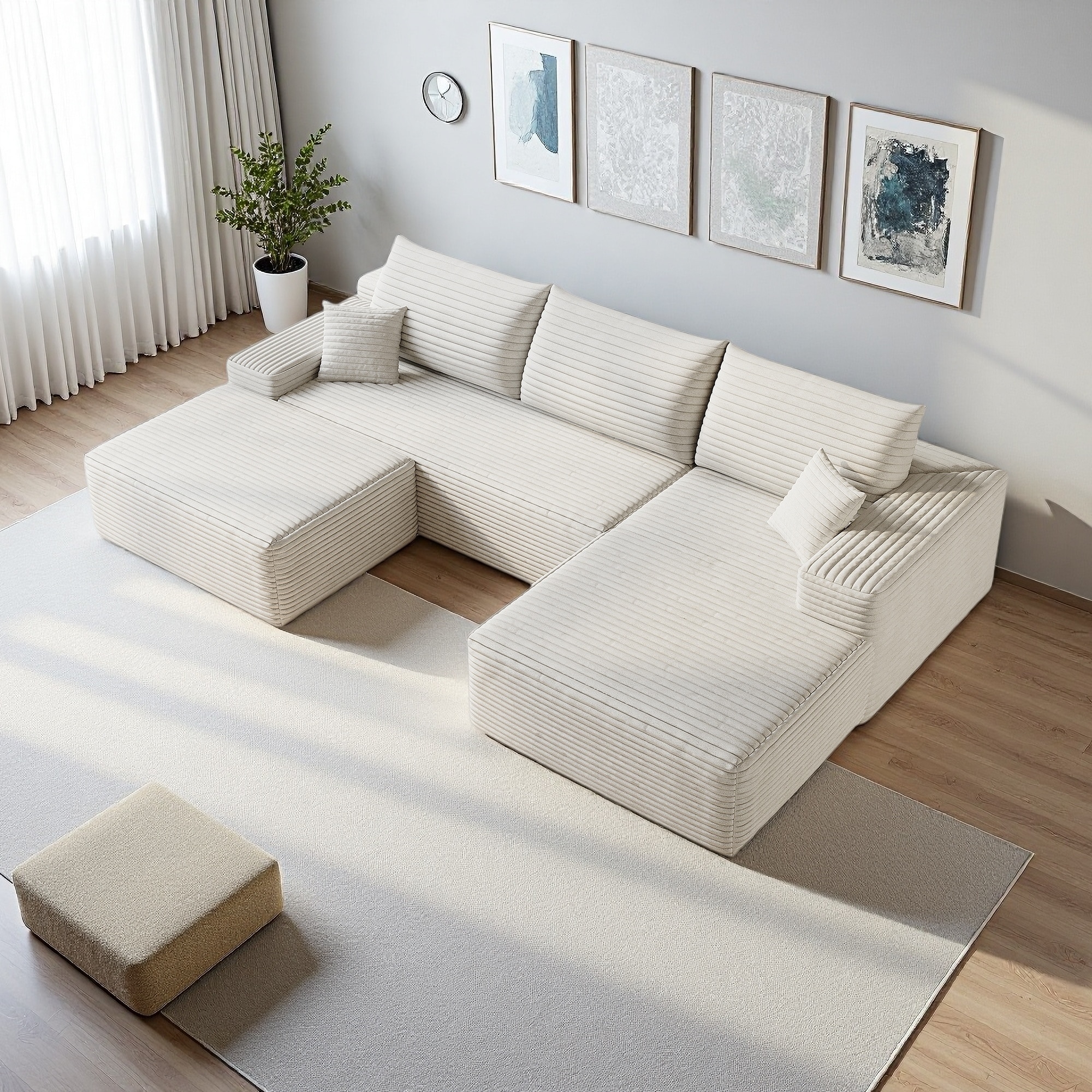 107" Plush Corduroy U-Shaped Sectional Sofa with Ottoman and Right Facing Chaise