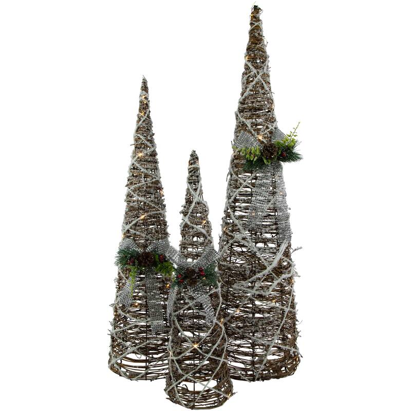 Set of 3 LED Lighted Pine and Berries Cone Christmas Tree Decorations 39.25"