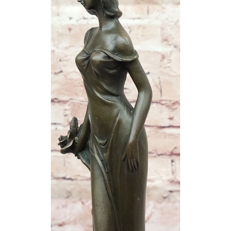 Bronze Lady With Roses Figurine – Art Nouveau Style Sculpture On Marble Base By Kin