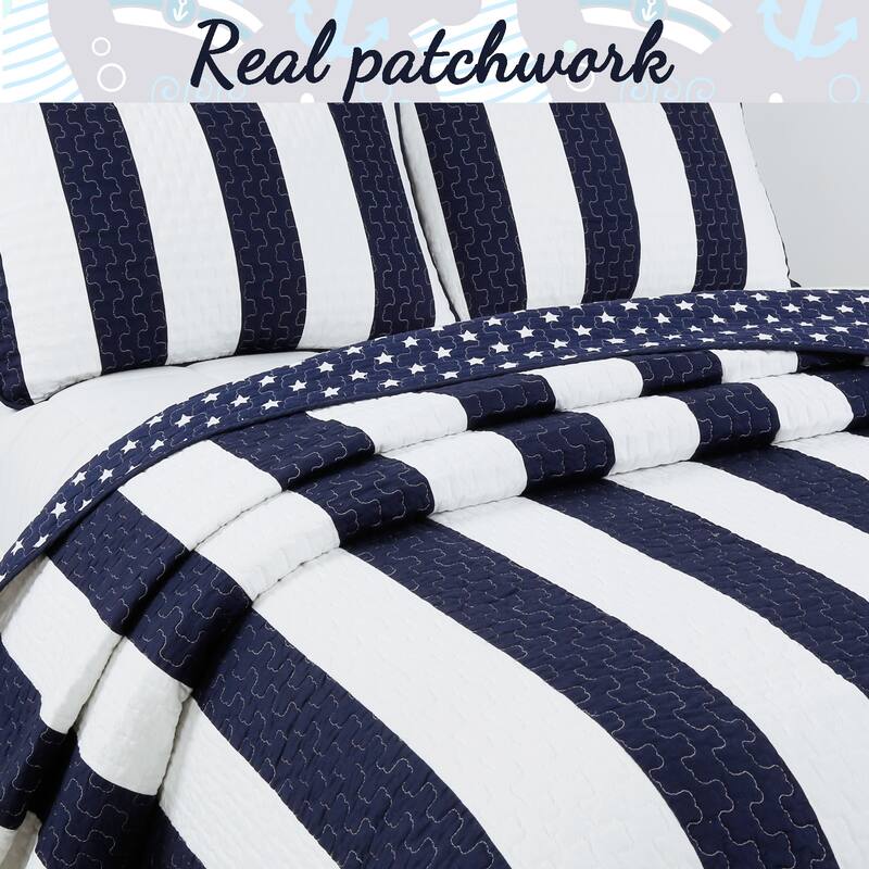 Porch & Den Ameristar Sailor Navy Striped Cotton Quilt Bedding Set