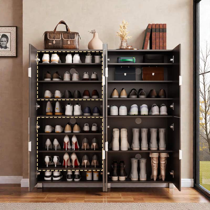 50" Mirrored Shoe Cabinet with 4 Doors, Adjustable Shelves, Ventilation Holes & Large Capacity Storage for Entryway