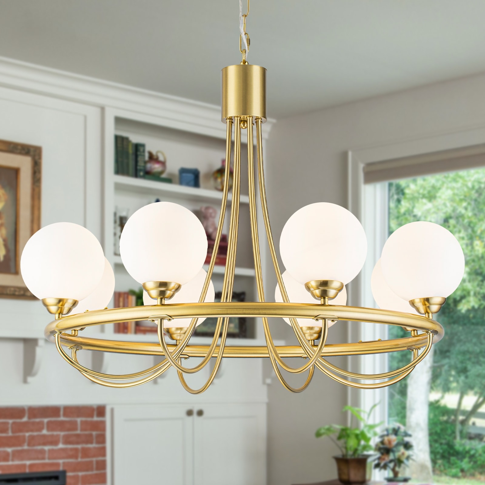 8 Light Brushed Gold Chandelier Frosted Opal Glass Globe Shades