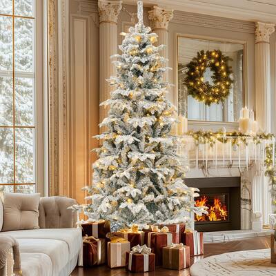 6.5 Ft Pre-Lit Snow Flocked Christmas Tree with 760 Mixed Branch Tips and 350 Lights
