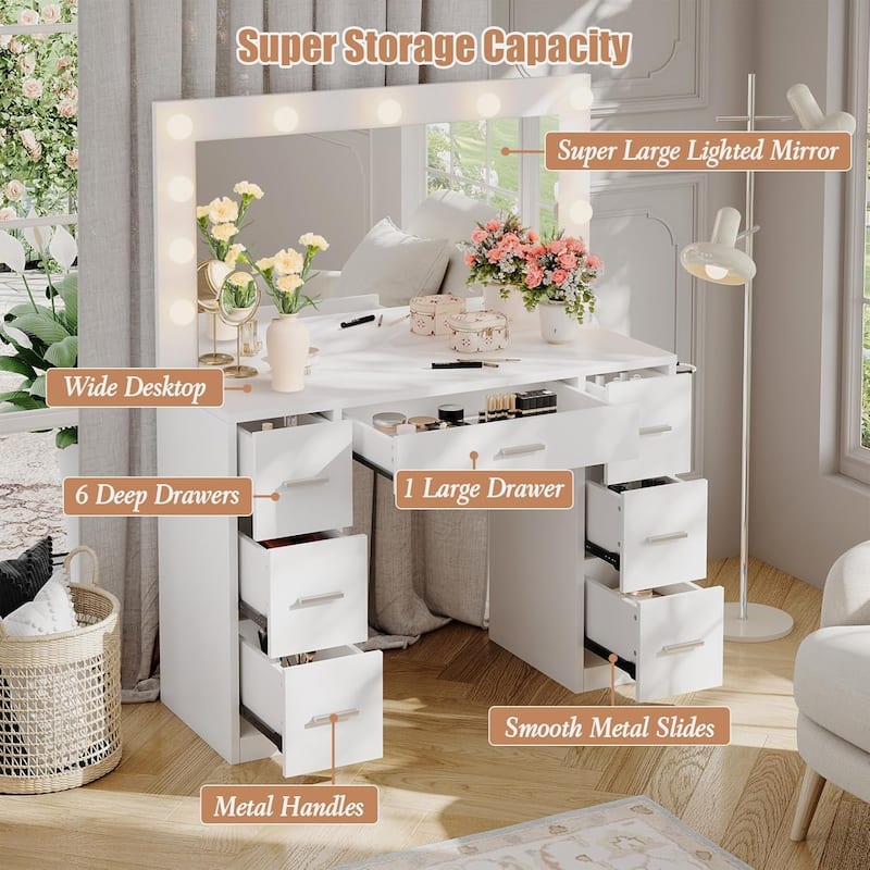 Vanity Desk with Lights, Makeup Vanity with Power Strip, Dressing Table with 7 Drawers