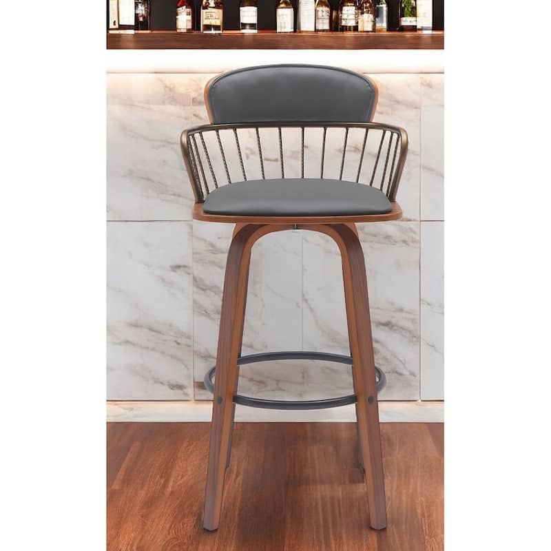 30" Gray And Wood Brown Faux Leather Swivel Low Back Bar Height Bar Chair - Gray