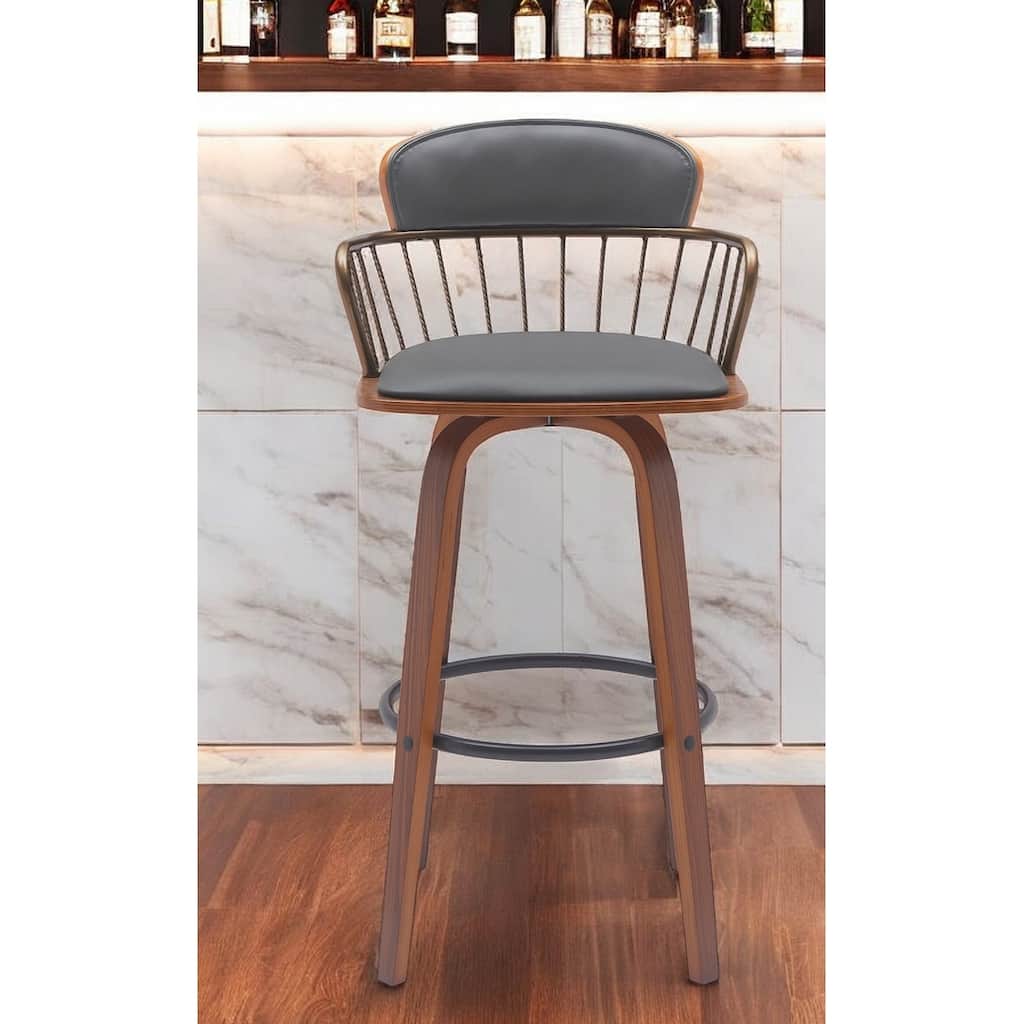 30" Gray And Wood Brown Faux Leather Swivel Low Back Bar Height Bar Chair