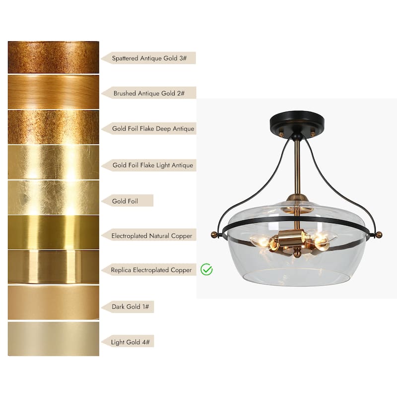 Zelena Modern Farmhouse 3-Light Black Gold Glass Bowl Semi-flush Mount Ceiling Lights