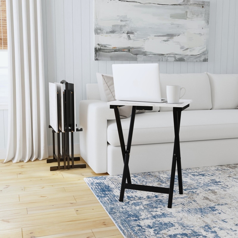 Linon Meisel White Faux Marble Tray Table Set