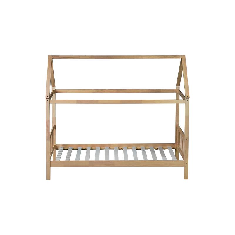 House-Shaped Twin Bed with Headboard & Footboard, Rubber Wood Frame, White Oak Finish