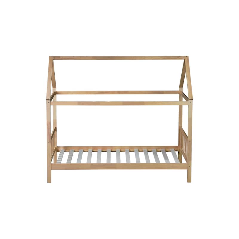 Twin Size House Bed with Headboard and Footboard, Underbed Storage - Rubberwood House-shaped Bed Frame for Children's Room