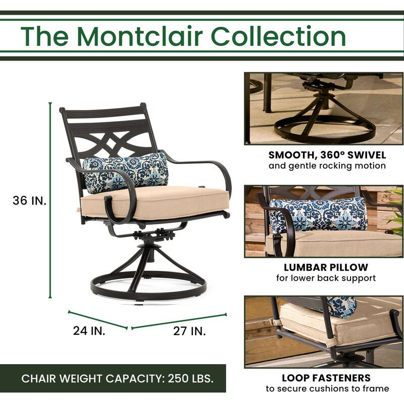 Hanover Montclair 7-Piece Dining Set in Tan with 6 Swivel Rockers, 40-In. x 66-In. Dining Table and 9-Ft. Umbrella