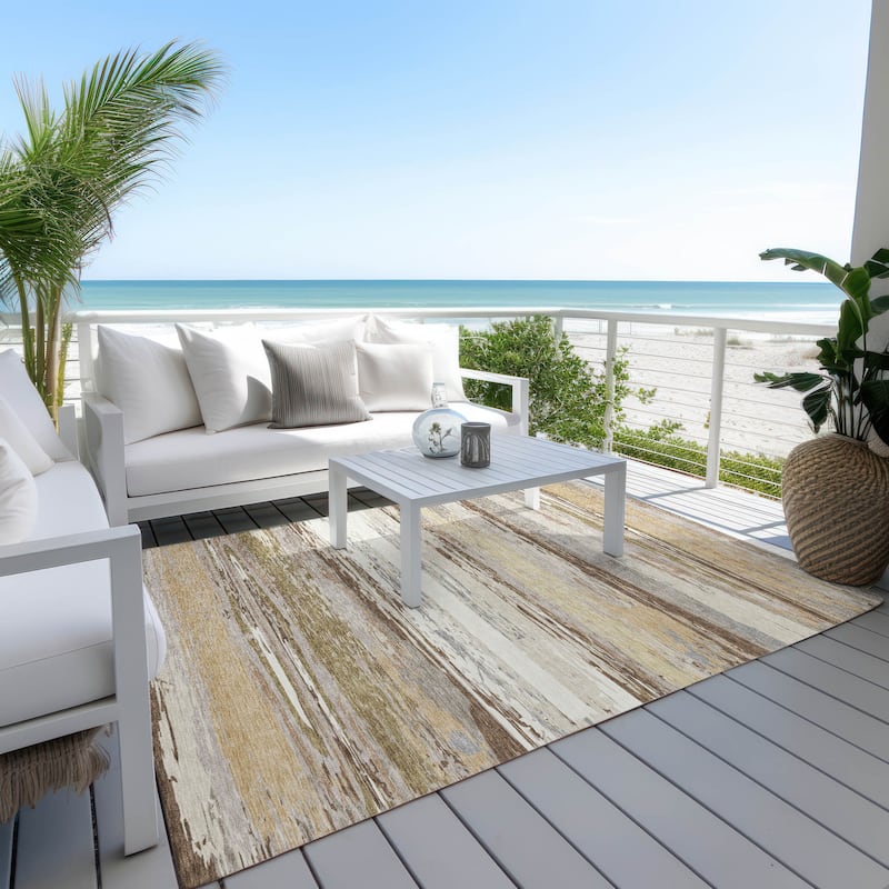Machine Washable Indoor/ Outdoor Abstract Stripes Chantille Rug