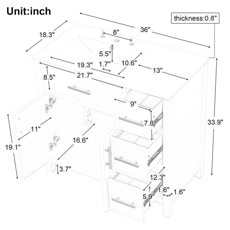 Roomfitters 36" Bathroom Vanity with Sink, Left-Side Basin, Solid Wood Frame, 2 Doors & 3 Drawers