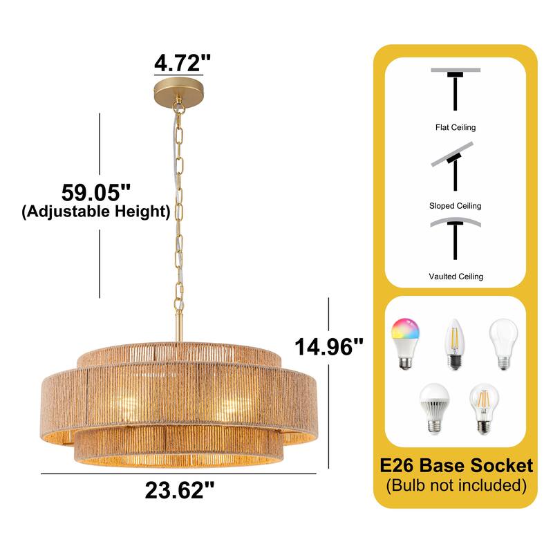 Starsky 4-light Rattan Hand-Woven Hemp Rope Chandelier