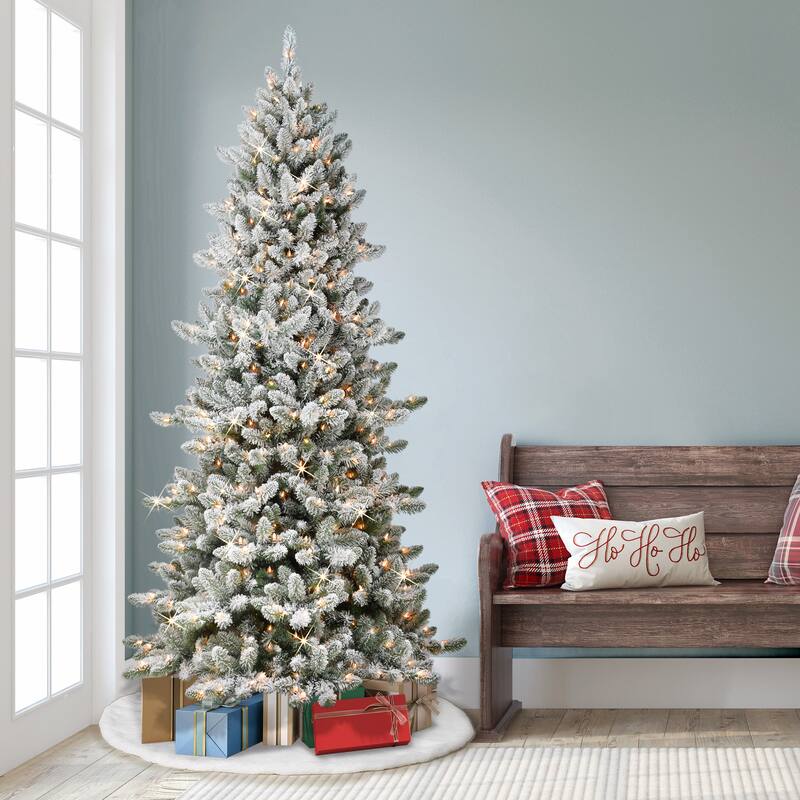 Puleo International Pre-Lit 7.5' Slim Flocked Royal Majestic Spruce Artificial Christmas Tree