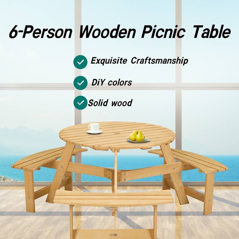 Outdoor 6 Person Picnic Table with 3 Built-in Benches and Umbrella Hole
