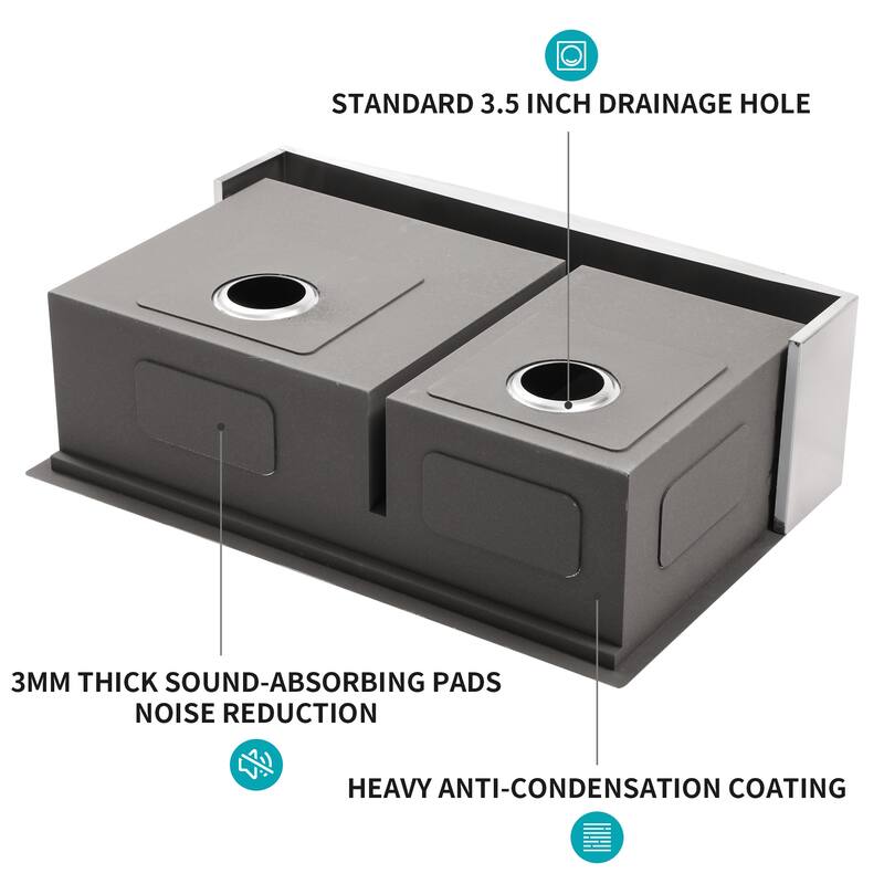 33 Inch Farmhouse 16 Gauge Double Bowl Stainless Steel Kitchen Sink in Brushed Nickel - 33'' x 22'' x 10''