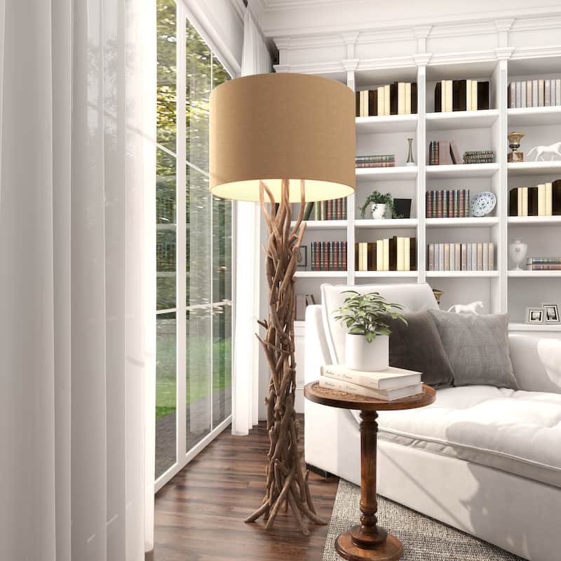 Driftwood Handmade Room Floor Lamp with Beige Linen Shade - Light Brown - Roche River Decor