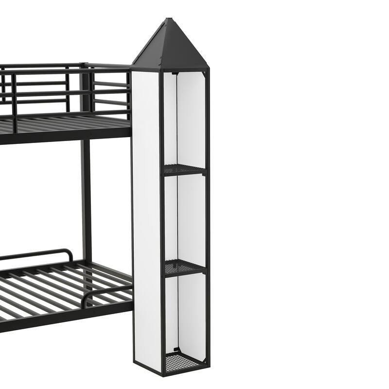 Twin Metal Castle Bunk Bed with Wardrobe, Staircase, and Cabinets