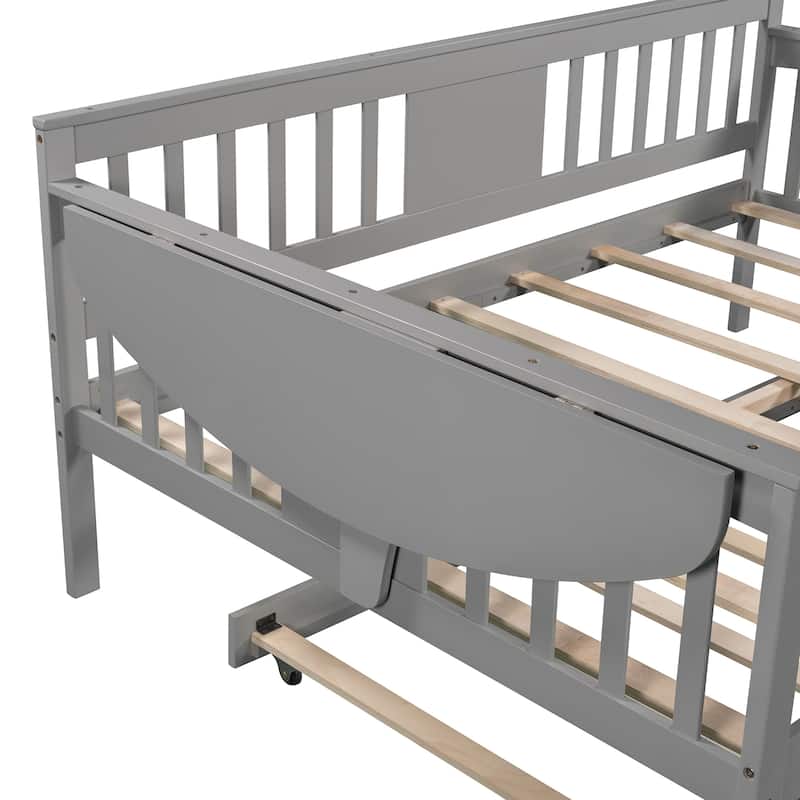 Wooden Daybed with Trundle Bed & Slatted Support, Dual-Use Sturdy Sofa Bed for Bedroom or Living Room