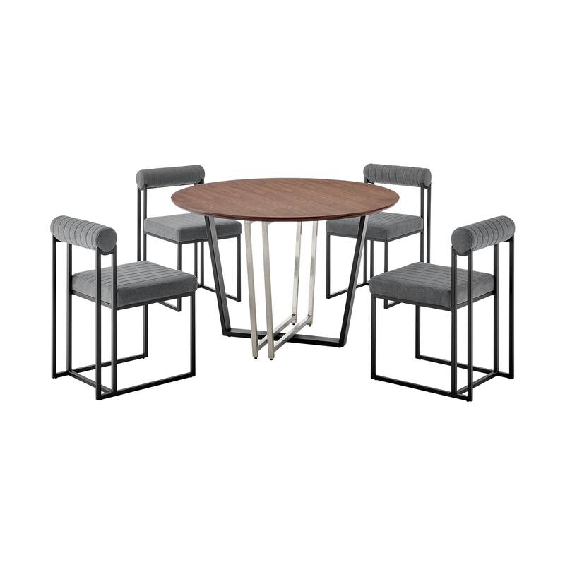Joana Anastasia 5 Piece Round Walnut Dining Table Set with Metal Frame and Upholstered Chairs