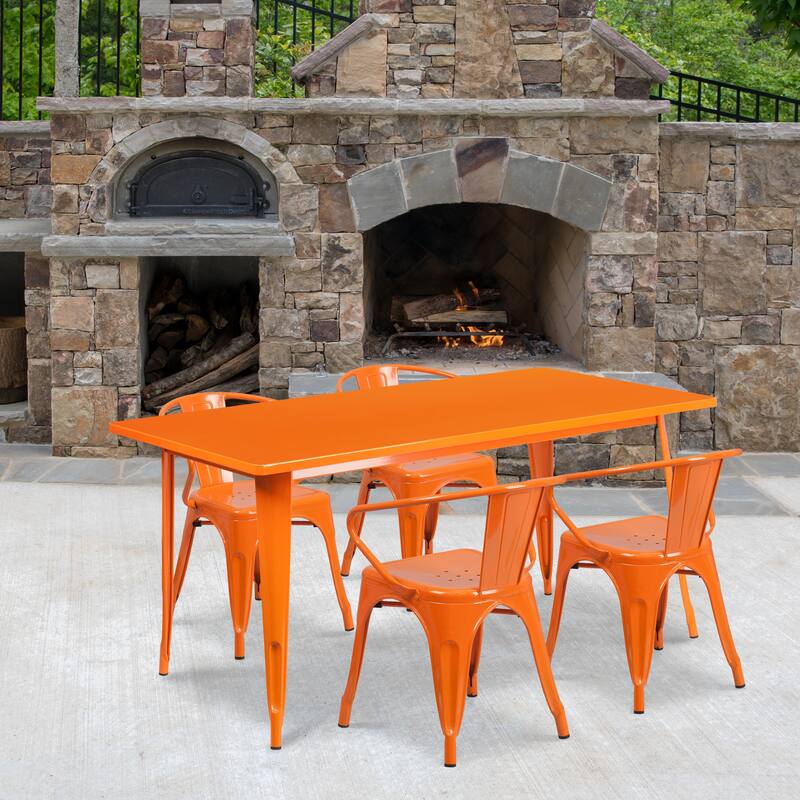 31.5'' x 63'' Rectangular Metal Indoor-Outdoor Table Set with 4 Arm Chairs - Orange