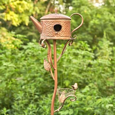 Antique Copper Teapot Birdhouse Garden Stake "Round Classic Teapot" - 12" L x 8.25" W x 65.25" H