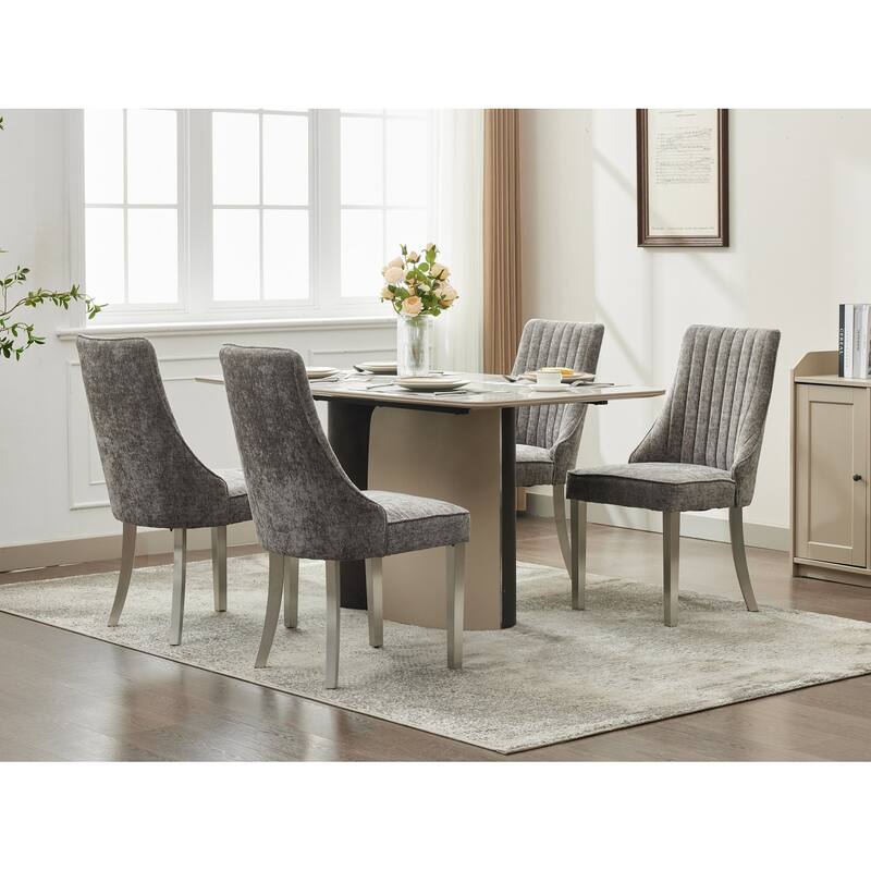 Grey Fabric Plush Dining Chair with High Back and Steel Legs Set of 2 - 19.7” x 18.9” x 37.6”