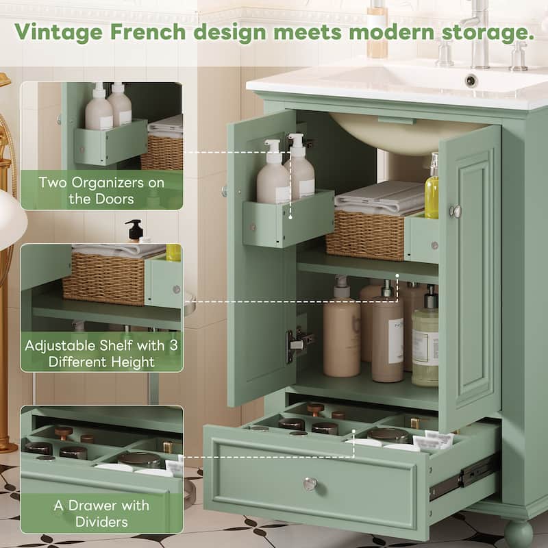 24"Bathroom Vanity with Ceramic Sink, Storage Cabinet with Soft Closing Doors, Bathroom Cabinet with Drawer and Drawer Dividers