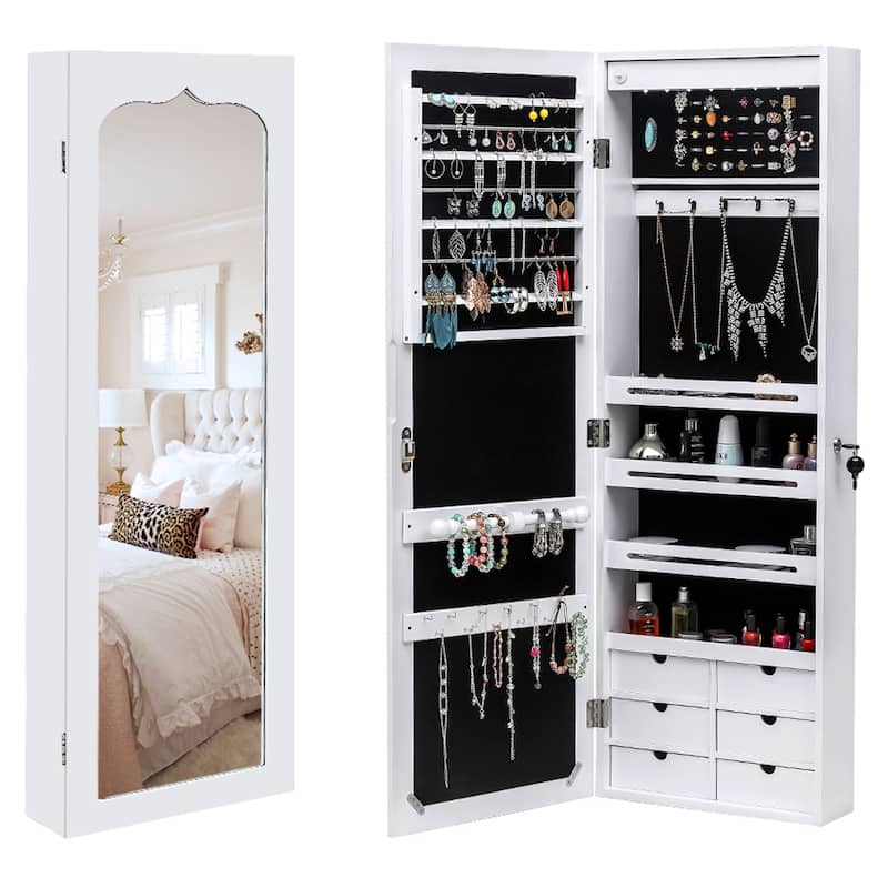 6-Drawers Wooden Wall Hanging White Jewelry Armoire Cabinet