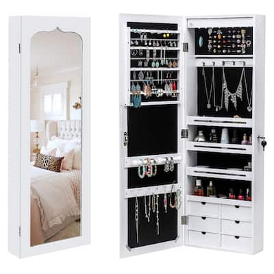 6-Drawers Wooden Wall Hanging White Jewelry Armoire Cabinet - N/A