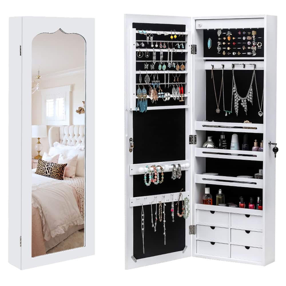 6-Drawers Wooden Wall Hanging White Jewelry Armoire Cabinet