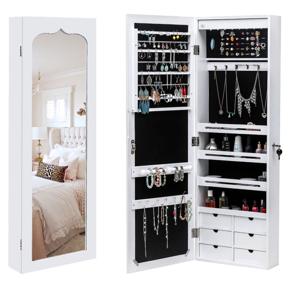 6-Drawers Wooden Wall Hanging White Jewelry Armoire Cabinet