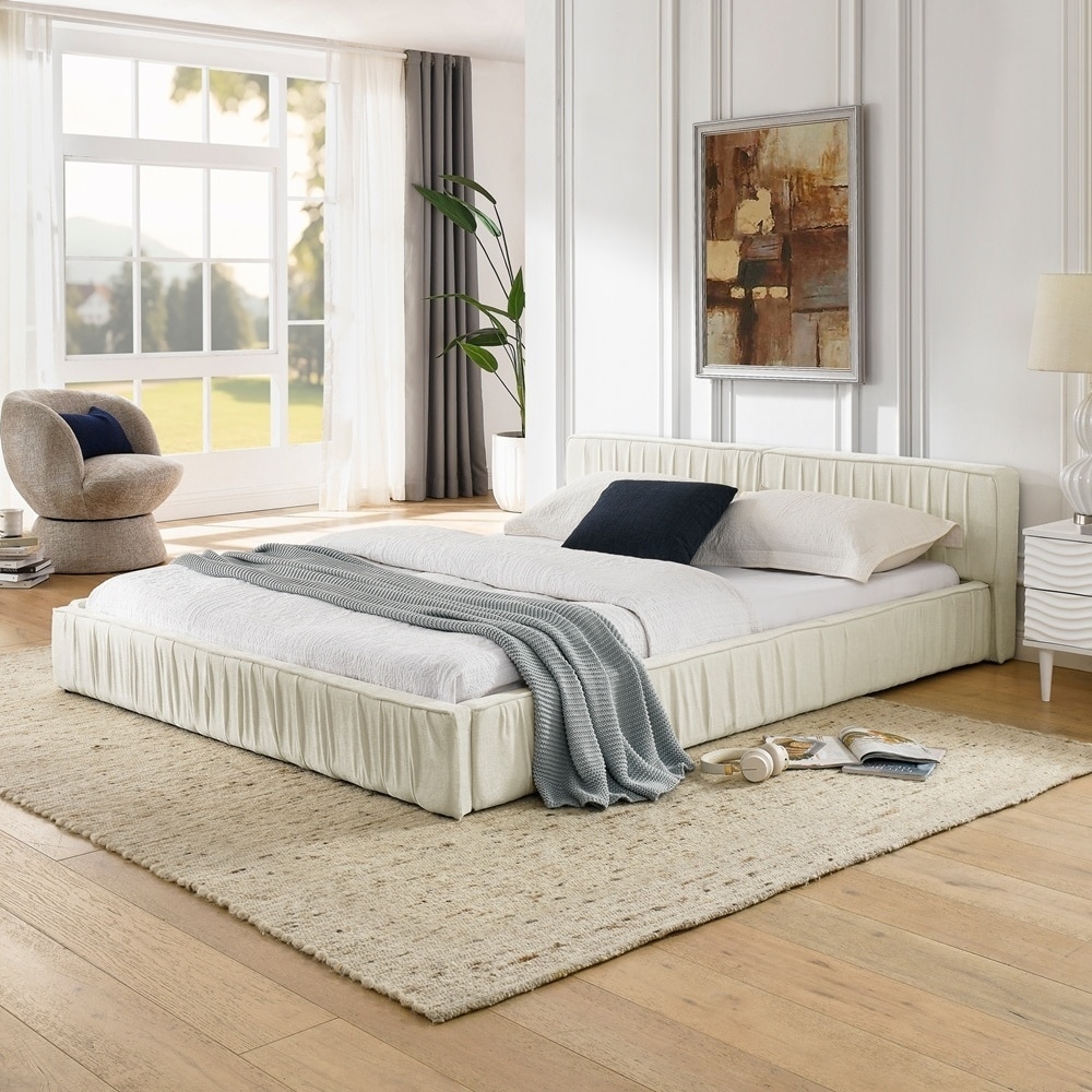 Upholstered Bed Frame with Chenille fabric with pleated design