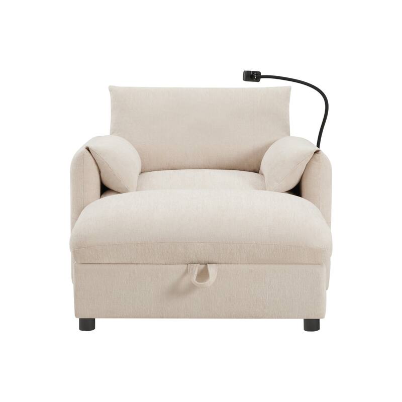 Single Sofa Chair and Storage Ottoman Sets, Chenille Accent Chair Wide Seat Chaise Lounge Couch with Phone Holder & USB Chargers